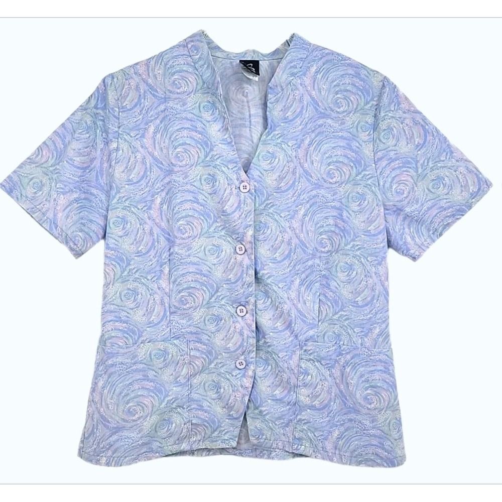 Barco Womens Scrub Top Size Small Short Sleeve Blue Pastel Swirl
